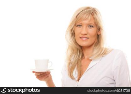 People, happiness, drink and food concept. Mature woman drinking tea or coffee. Cup of Hot Beverage. white background