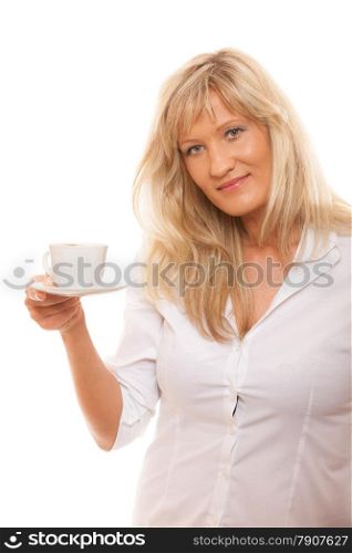 People, happiness, drink and food concept. Mature woman drinking tea or coffee. Cup of Hot Beverage. white background