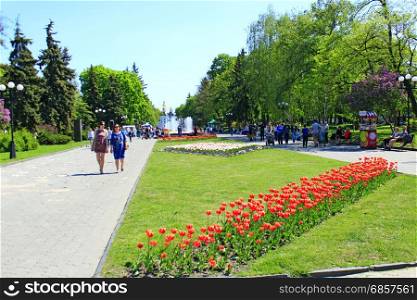 people have a rest in city park with tulips. people have a rest in the city park with beds of tulips in the spring