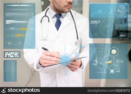 people, healthcare and medicine concept - close up of male doctor with clipboard and stethoscope at hospital. close up of doctor with clipboard at hospital