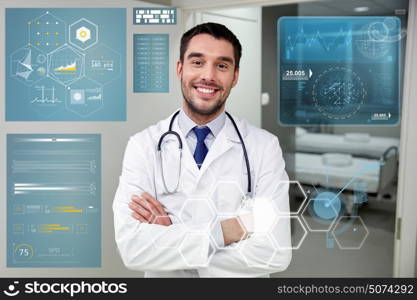 people, healthcare and medicine concept - smiling doctor with stethoscope at hospital corridor. smiling doctor with stethoscope at hospital