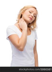 people, healthcare and problem concept - unhappy woman suffering from neck pain