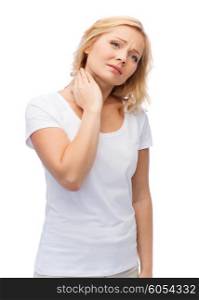people, healthcare and problem concept - unhappy woman suffering from neck pain
