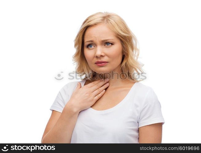 people, healthcare and problem concept - unhappy woman touching her neck and suffering from throat pain