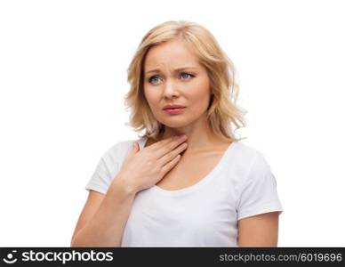 people, healthcare and problem concept - unhappy woman touching her neck and suffering from throat pain