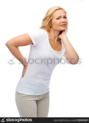 people, healthcare, backache and problem concept - unhappy woman suffering from pain in back or reins