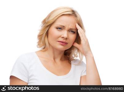 people, healthcare, stress and problem concept - unhappy woman suffering from headache