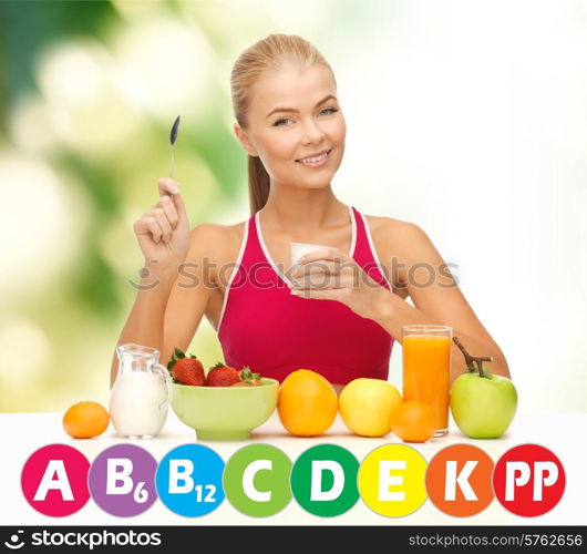 people, healthy eating, vegetarian and health care concept - happy woman with organic food and vitamins over green background