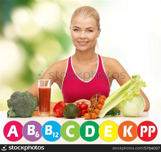 people, healthy eating, vegetarian and health care concept - happy woman with organic food and vitamins over green background