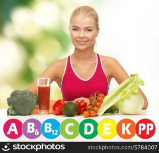 people, healthy eating, vegetarian and health care concept - happy woman with organic food and vitamins over green background