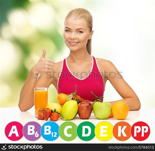 people, healthy eating, vegetarian and health care concept - happy woman with organic food and vitamins over green background