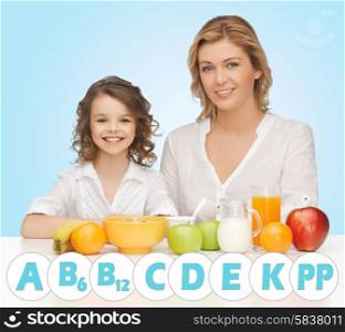 people, healthy lifestyle, family and food concept - happy mother and daughter eating healthy breakfast over blue background with vitamins