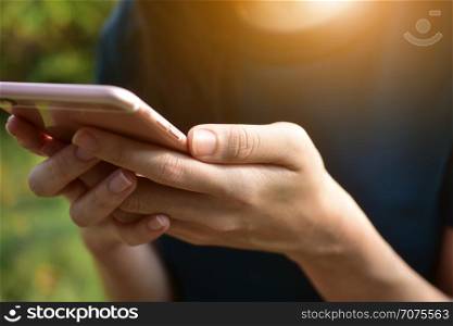 People holding mobile smart phone using smart application by internet online