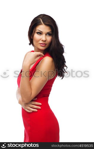 people, holidays and fashion concept - beautiful sexy woman in red dress
