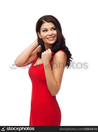 people, holidays and fashion concept - beautiful sexy woman in red dress
