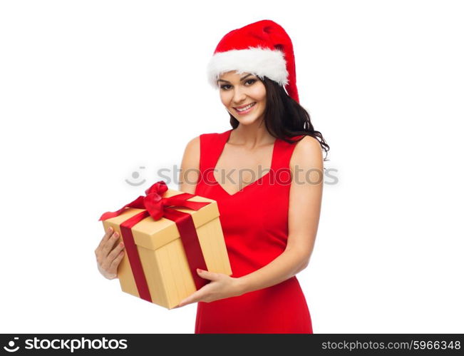 people, holidays, christmas and celebration concept - beautiful sexy woman in red dress and santa hat with gift box