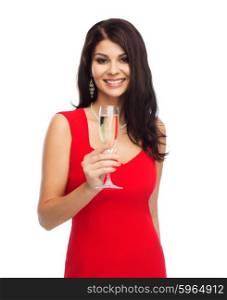 people, holidays, christmas and celebration concept - beautiful sexy woman in red dress with champagne glass