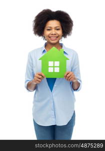 people, home and real estate concept - happy african american young woman with green house icon over white