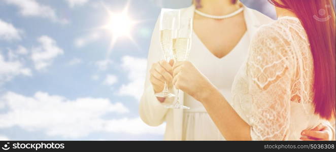 people, homosexuality, same-sex marriage, celebration and love concept - close up of happy married lesbian couple holding and clinking champagne glasses over sky and sun background. close up of lesbian couple with champagne glasses