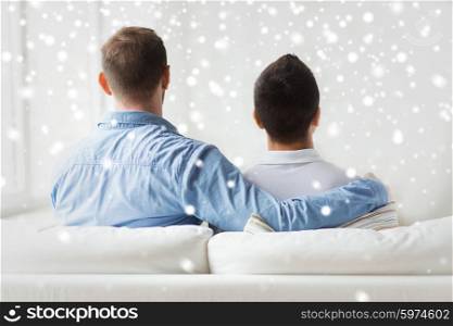 people, homosexuality, same-sex marriage, gay and love concept - close up of happy male gay couple or friends hugging from back at home over snow effect