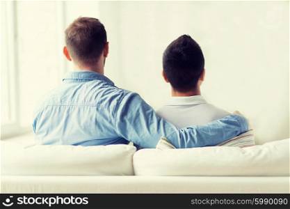 people, homosexuality, same-sex marriage, gay and love concept - close up of happy male gay couple or friends hugging from back at home