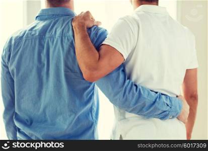 people, homosexuality, same-sex marriage, gay and love concept - close up of happy male gay couple or friends hugging from back