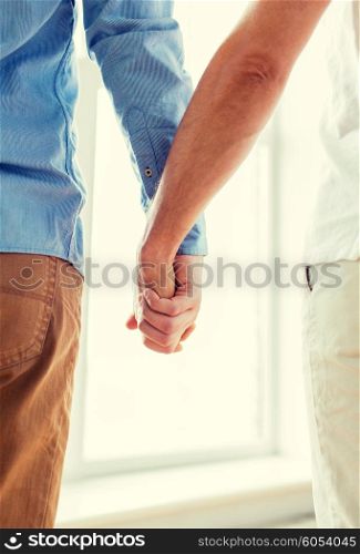 people, homosexuality, same-sex marriage, gay and love concept - close up of happy male gay couple holding hands from back
