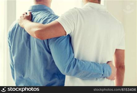 people, homosexuality, same-sex marriage, gay and love concept - close up of happy male gay couple or friends hugging from back