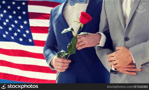 people, homosexuality, same-sex marriage, travel and gay love concept - close up of happy male gay couple with red rose flower holding hands on wedding over american flag background
