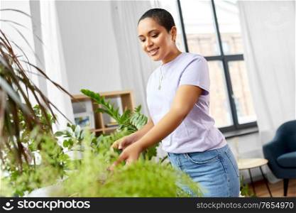 people, housekeeping and plants care concept - african american woman taking care of houseplants at home. african american woman taking care of houseplants