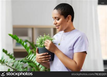 people, housekeeping and plants care concept - african american woman with houseplants at home. african american woman with plants at home