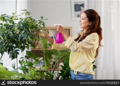people, housekeeping and plants care concept - asian woman spraying houseplant with water sprayer at home. asian woman spraying houseplant with water at home