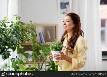 people, housekeeping and plants care concept - happy asian woman with flower in pot at home. happy asian woman with flower in pot at home