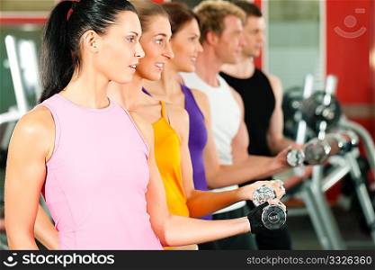 People in gym or fitness club exercising with dumbbells together