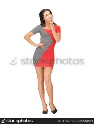 people in situations concept - pensive woman in red dress