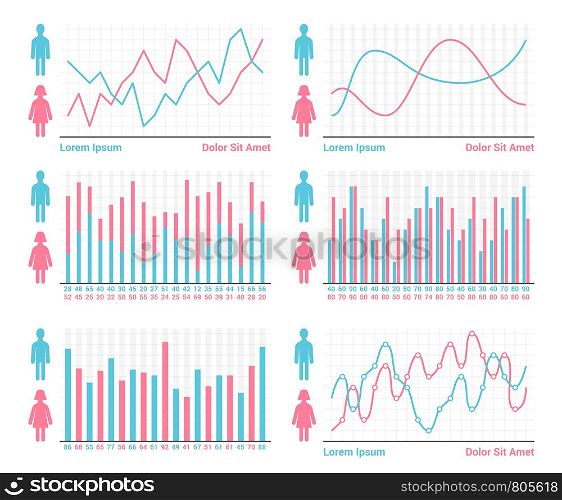 People infographics - different types of bar graphs and line graphs, vector eps10 illustration. People Infographics
