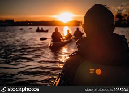 People kayak during sunset Illustration Generative AI. People kayak during sunset Illustration AI Generative