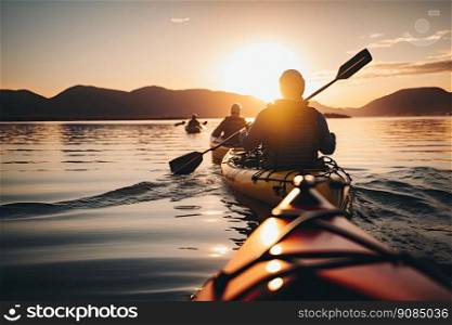 People kayak during sunset Illustration Generative AI. People kayak during sunset Illustration AI Generative