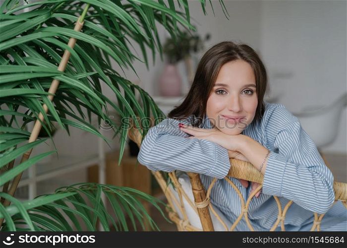 People, leisure concept. Beautiful European woman dressed in stylish clothes, sits on wooden chair near green plant, looks positively at camera, has day off, spends free time in family circle