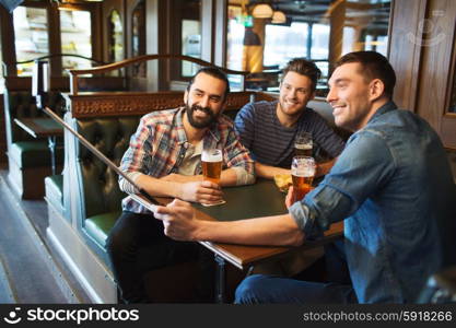 people, leisure, friendship, technology and bachelor party concept - happy male friends drinking beer and taking picture with smartphone selfie stick at bar or pub