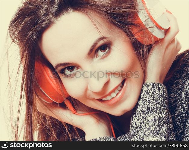 People leisure relax concept. Closeup woman casual style big headphones listening music mp3 relaxing