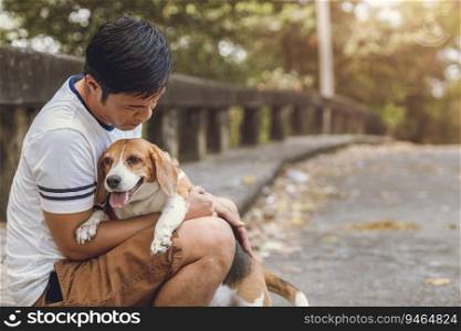 people love and care his pet dog. old Beagle dog stay with man.