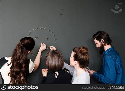 People making face on wall