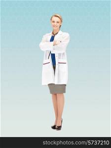 people, medicine and profession concept - smiling young female doctor over blue background