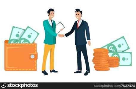 People meeting, partners of business project man and businessman. Wallets filled with banknotes money, cash in purse, financial assets. Vector illustration in flat cartoon style. Business Partners Handshake and Wallets with Money