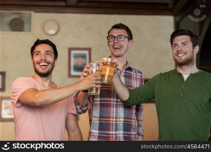 people, men, leisure, friendship and celebration concept - happy male friends clinking beer glasses and watching sport game or football match at bar or pub