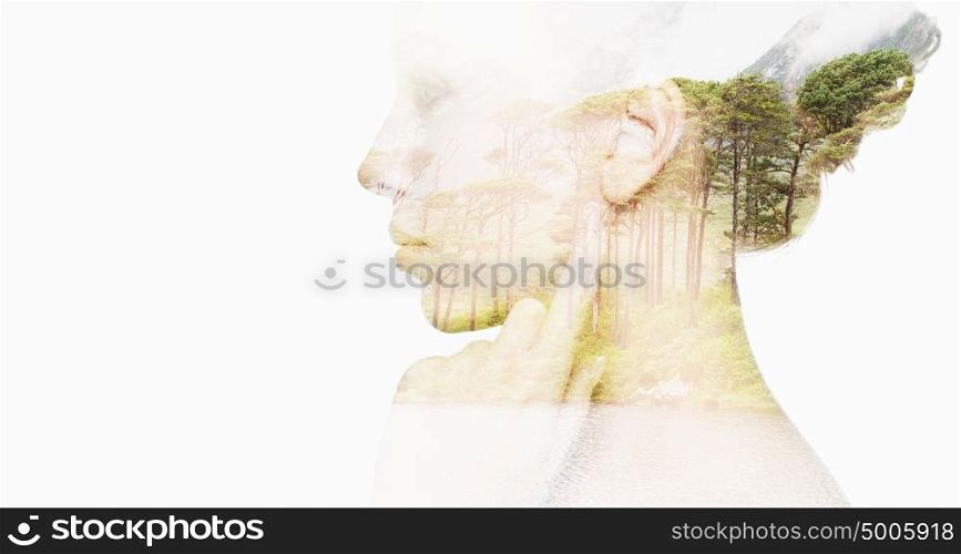 people, nature and beauty concept - beautiful young woman face with natural double exposure effect over white background. beautiful young woman face over natural background