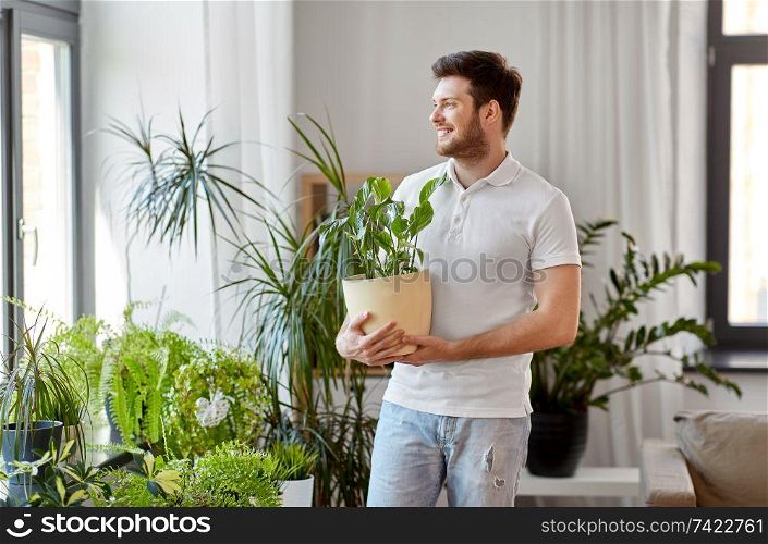 people, nature and plants concept - smiling man holding flower in pot and taking care of houseplants at home. man with flower taking care of houseplants at home