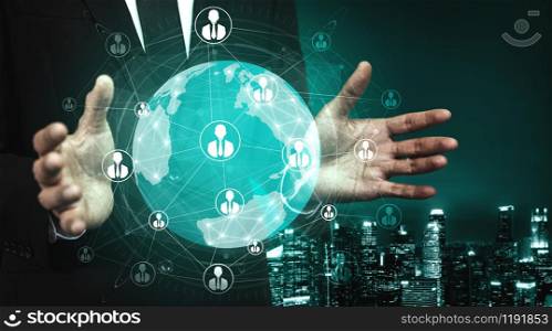 People network and global communication concept. Business people with modern graphic interface of community linking many people around world by social media platform to connect international business.. People network and global communication concept