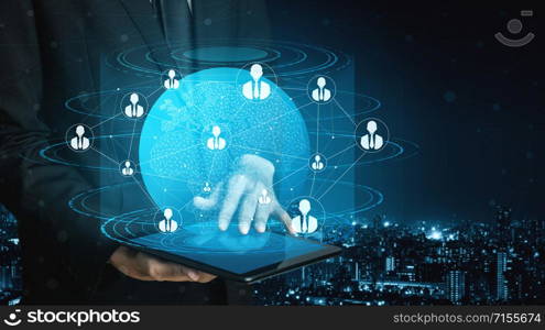 People network and global communication concept. Business people with modern graphic interface of community linking many people around world by social media platform to connect international business.
